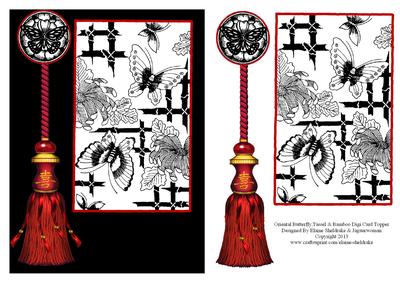 Oriental Butterfly, Bamboo, Flowers, Tassel Digi Card Topper