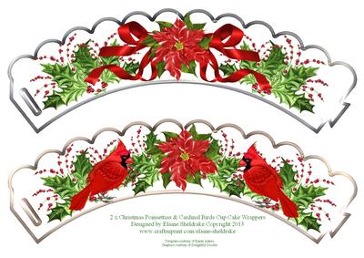 2 x Christmas Poinsettias & Cardinal Birds Cup Cake Wrappers