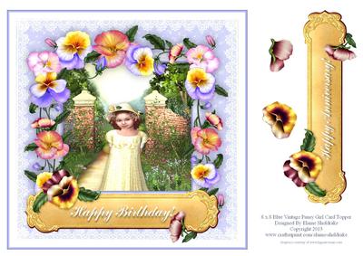 8 x 8 Blue Vintage Pansy Girl Card Topper