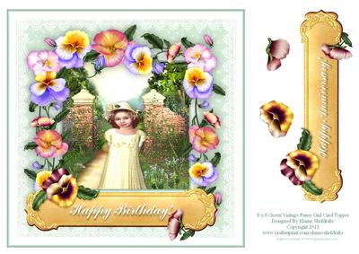 8 x 8 Green Vintage Pansy Girl Card Topper