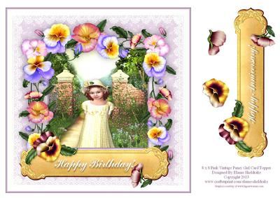 8 x 8 Pink Vintage Pansy Girl Card Topper