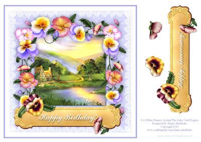 8 x 8 Pansies Around the Lake on Blue Lace Card Topper