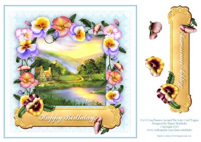 8 x 8 Pansies Around the Lake on Cyan Lace Card Topper