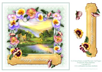 8 x 8 Pansies Around the Lake on Green Lace Card Topper