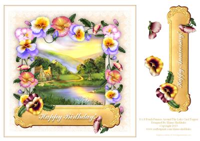 8 x 8 Pansies Around the Lake on Peach Lace Card Topper