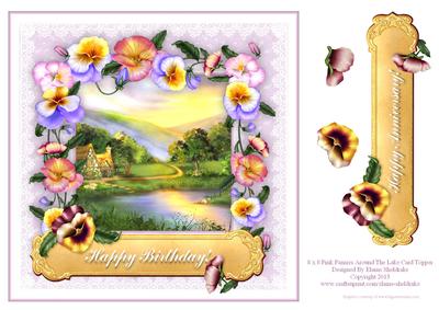 8 x 8 Pansies Around the Lake on Pink Lace Card Topper