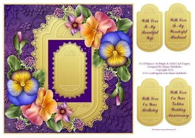 8 x 8 Pansies on Purple & Gold Card Topper