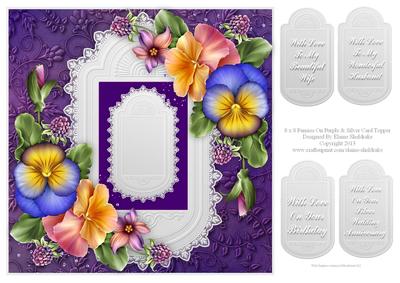 8 x 8 Pansies on Purple & Silver Card Topper