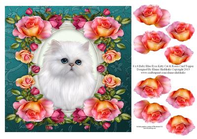 8 x 8 Baby Blue Eyes Kitty Cat & Roses Decoupage Card Topper