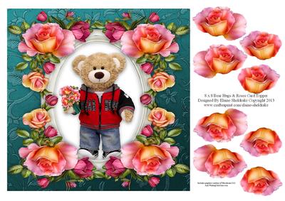 8 x 8 Teddy Bear Hugs & Roses Decoupage Card Topper