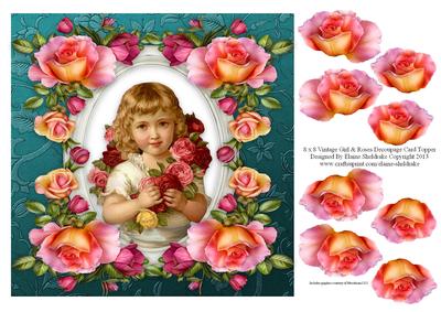 8 x 8 Vintage Girl with Roses Decoupage Card Topper