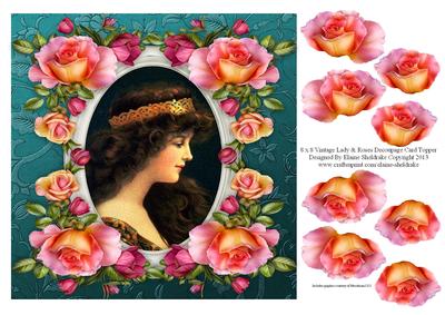 8 x 8 Vintage Ren Faire Lady and Roses Decoupage Card Topper