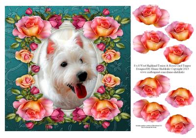 8 x 8 West Highland Terrier & Roses Decoupage Card Topper