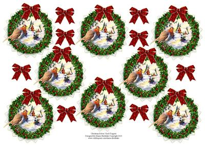Christmas Robin Holly Wreath, Snow Scene 8 x 3" Card Toppers