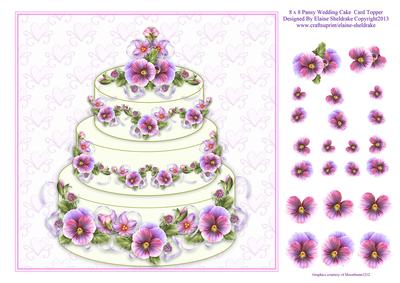 8 x 8 Pink Pansy Wedding Cake - Decoupage Card Topper