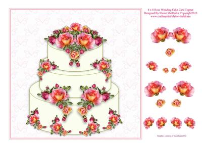 8 x 8 Peach Roses Wedding Cake - Decoupage Card Topper