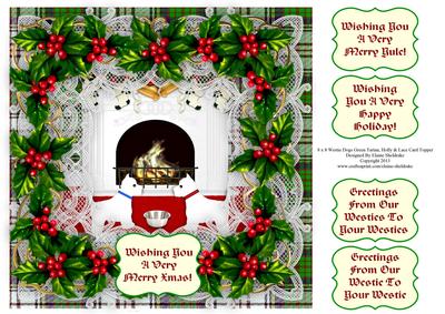 8 x 8 Westie Puppy Dogs Green Tartan Holly Lace Card Topper