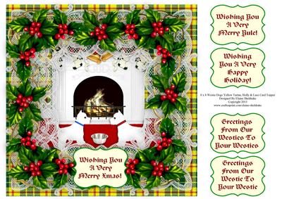 8 x 8 Westie Puppy Dogs Yellow Tartan Holly Lace Card Topper