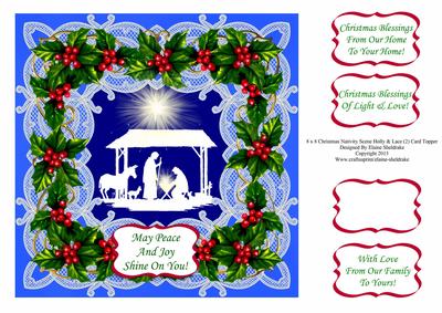8 x 8 Christmas Nativity Scene Holly & Lace (2) Card Topper