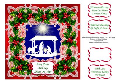 8 x 8 Christmas Nativity Scene Holly & Lace (1) Card Topper