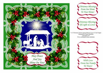 8 x 8 Christmas Nativity Scene Holly & Lace (3) Card Topper