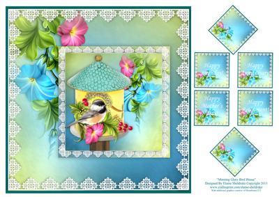8 x 8 Morning Glory Bird House Card Topper + Ass. Greetings