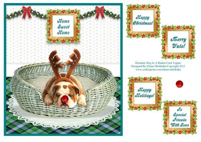 Christmas Reindeer Puppy Dog in a Basket Card Topper