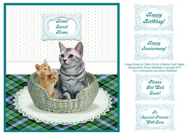 Ginger Kitten & Tabby Cat in a Basket Card Topper + Greeting
