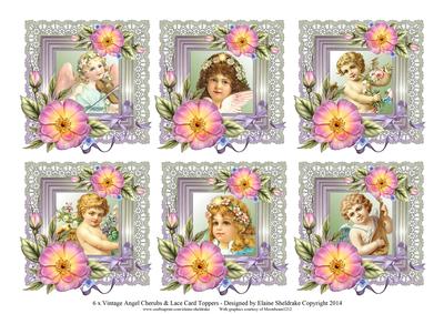 6 x Vintage Cherub Angels Roses & Lace Greetings Toppers