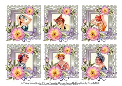 6 x Vintage Bathing Beauties Roses & Lace Greetings Toppers