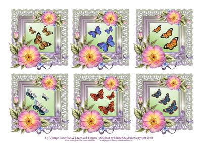 6 x Vintage Butterflies Roses & Lace Greetings Toppers