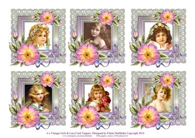 6 x Vintage Girls Roses & Lace Greetings Toppers