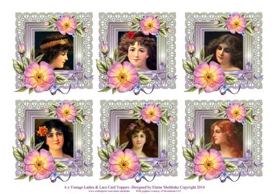 6 x Vintage Ladies Roses & Lace Greetings Toppers