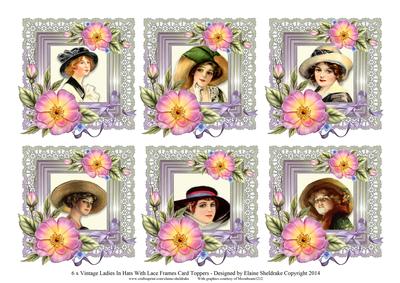 6 x Vintage Ladies in Hats Roses & Lace Greetings Toppers