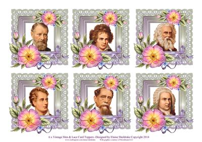 6 x Vintage Gentlemen Roses & Lace Greetings Toppers