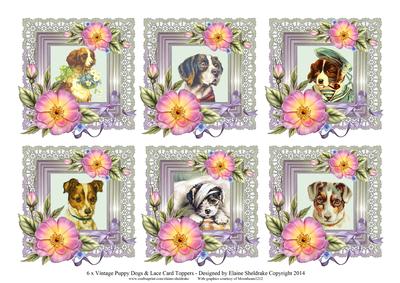 6 x Vintage Puppy Dogs Roses & Lace Greetings Toppers