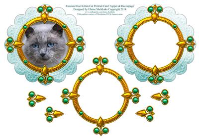 Russian Blue Kitten Cat Portrait Card Topper & Decoupage