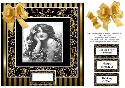 Vintage Valentine Girl - 8 x 8 Black Gold Men & Women Card