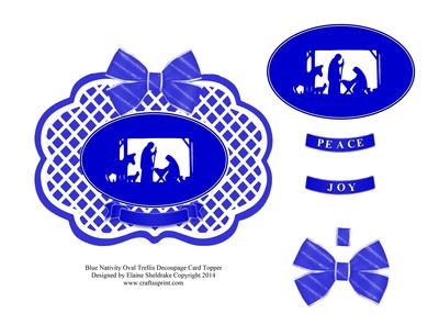 Blue Nativity Silhouette Oval Trellis Decoupage Card Topper