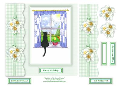 Black Cat in the Spring Window 8 x 8 Decoupage Card Topper