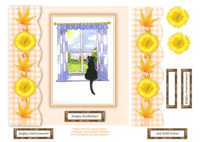 Black Cat in the Autumn Window 8 x 8 Decoupage Card Topper