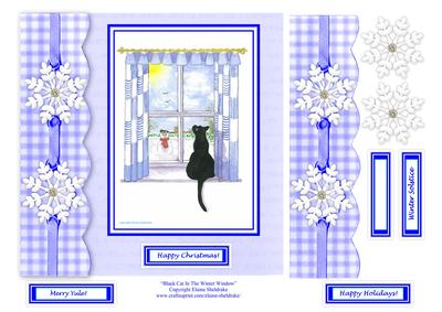 Black Cat in the Winter Window 8 x 8 Decoupage Card Topper