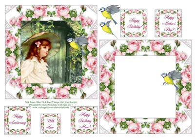 Pink Roses, Blue Tit & Lace Vintage Girl 6 x 6 Card Topper