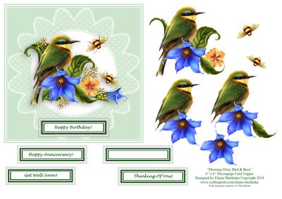 Morning Glory Bird & Bees 6 6 Decoupage Card Topper