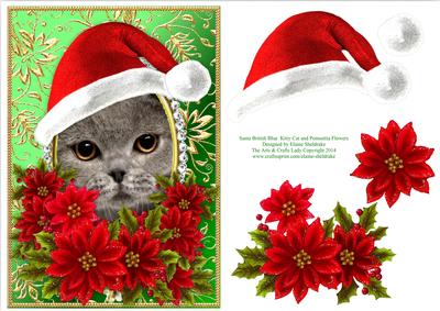 Santa British Blue Cat & Decoupage Poinsettias Card Topper