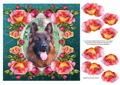 8 x 8 German Shepherd Dog & Roses Card Topper & Decoupage