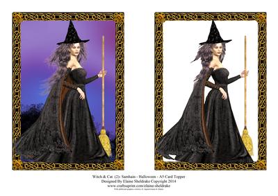 Witch & Cat (2) Samhain - Halloween - A5 Card Topper