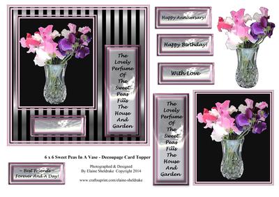 6 x 6 Sweet Peas in a Vase - Decoupage Card Topper