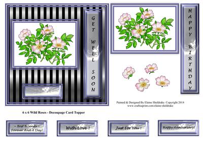6 x 6 Wild Pink Roses - Decoupage Card Topper
