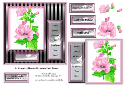6 x 6 Pink Lavatera Flowers - Decoupage Card Topper